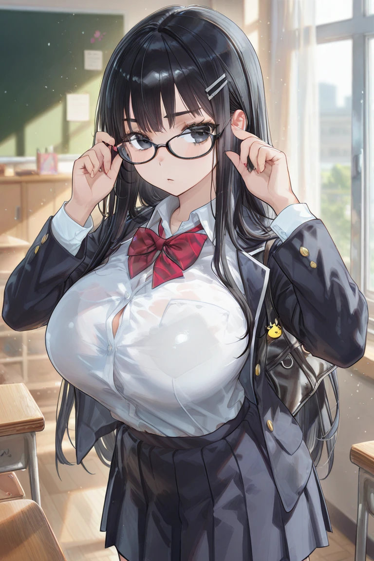 NSFW、1人の女性、brown haired(Curta)、Brown eyes、Black-rimmed glasses、 Best Quality、ultra-detailliert、8K resolution、Raw photo、masutepiece、seductive boobs、gorgeous faces、Perfect body、Blazer Uniform、Classroom