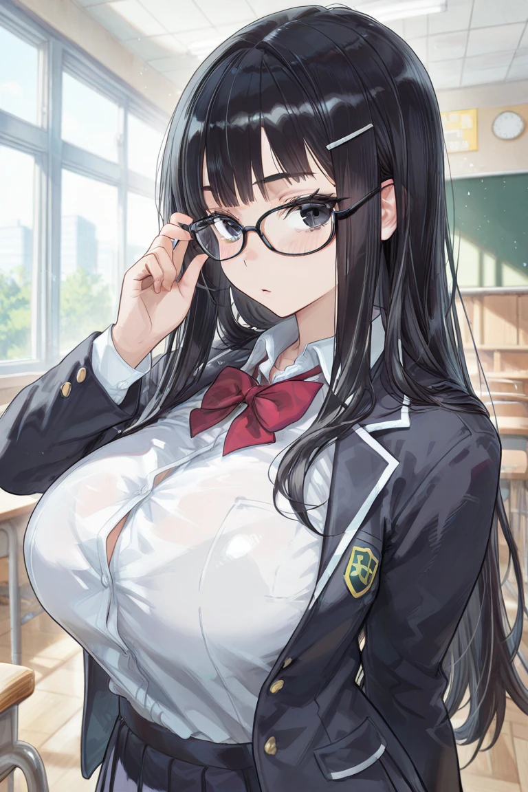 long black hair、A tall high school girl with big breasts and glasses is standing in the classroom.。Her face is cute, but her expression is a little stiff.。Uniform is beige with blazer、the tie is blue