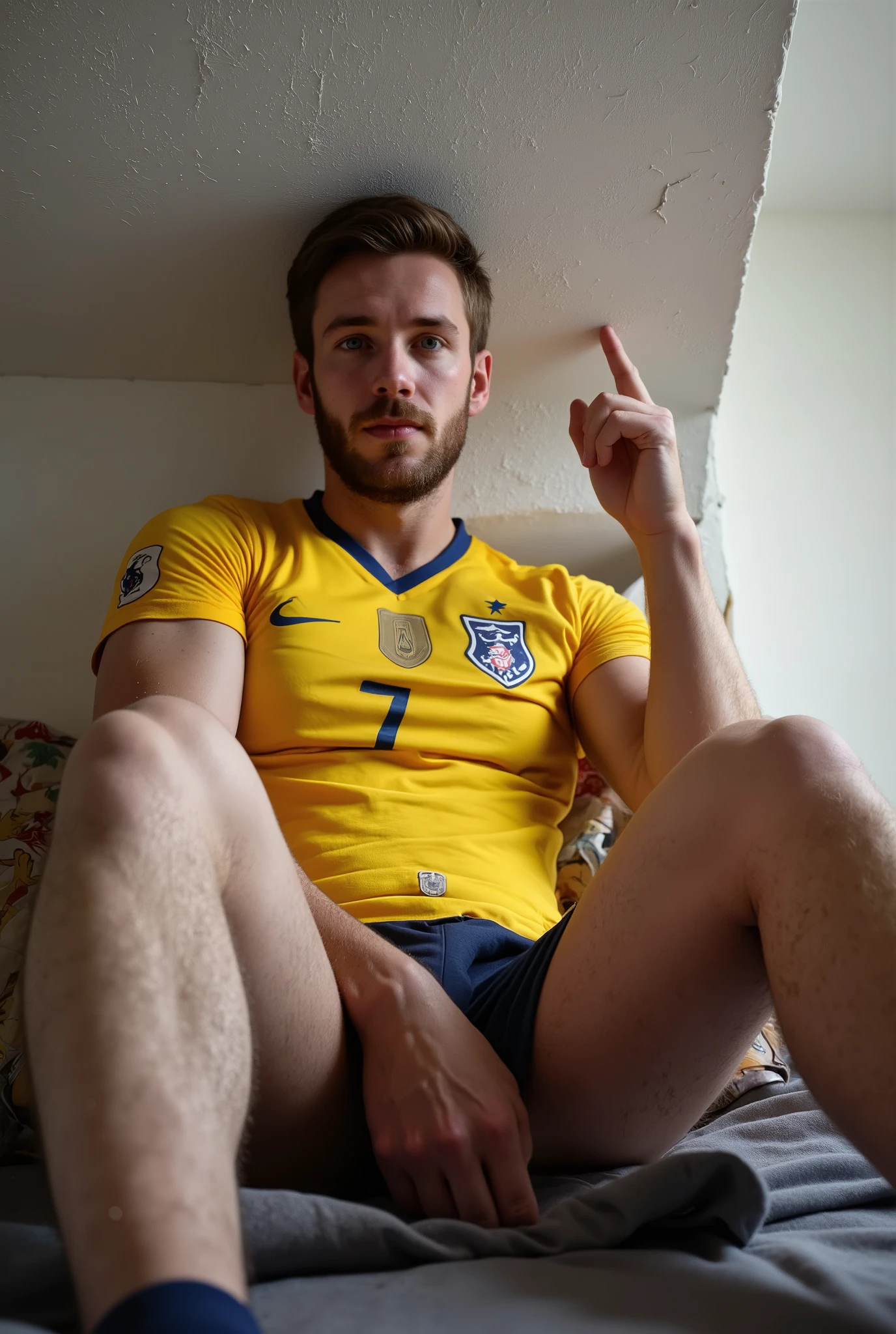 man , Sensual, high, moreno, athletic, lean body, very skinny body, skinny defined jaw, Straight Nose, penetrating blue eyes , short brown hair , Looks like it's Chris Evans , well-groomed beard , mature and airy face , full body , realistic image , High resolution , Ultra HD, wearing gym shorts , pes nus. he is facing away, hands resting on the parapet , looking at the viewer. Bedroom morning sunrise background, head against the ceiling, macro perspective, hand touching the ceiling, crack ceilling
High quality, Ultra HD, Hyper-realism, front view, penis focus big, very low angle , wearing yellow french soccer jersey fullbody , one hand on bulge, pressing bulge one hand pressing his nipples , gigagts, giant size, cramped, head against the ceiling , macro perspective, hand touching genital bulge, torn clothes giant-sized men laying against the wall through a confined hallway, wide-angle perspective emphasizing her giant size, sitting, Feet_focus , pied nue , feet