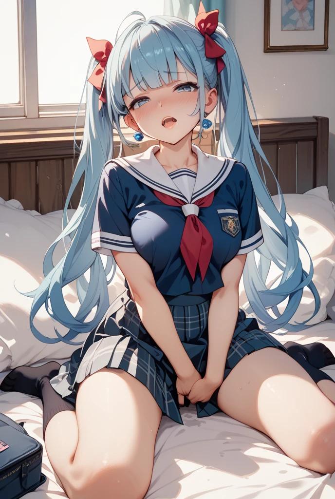 (8k, 最高quality)、超High resolution、Bright blue hair、blue eyes、 girl、Small breasts、Braided half bob hair、uniform、Me in a knitted cardigan、 girl、Looks about 、Petan Musume、In the classroom、(missionary, 1boy, penis, lying, vaginale, ass pov, sex, nsfw)、quality, High resolution, Very detailed, Detailed Background, Perfect lighting、masterpiece、Best image quality、最高quality、、 (cryin) ,Cute Characters, Most detailed, 高quality、nose blush、steam、Oblique angle、Shiny Hair、Very fine and beautiful bright eyes、be scared、Very detailed, clear and beautiful face、Slender body、Awards, Anatomically correct、((Scared))