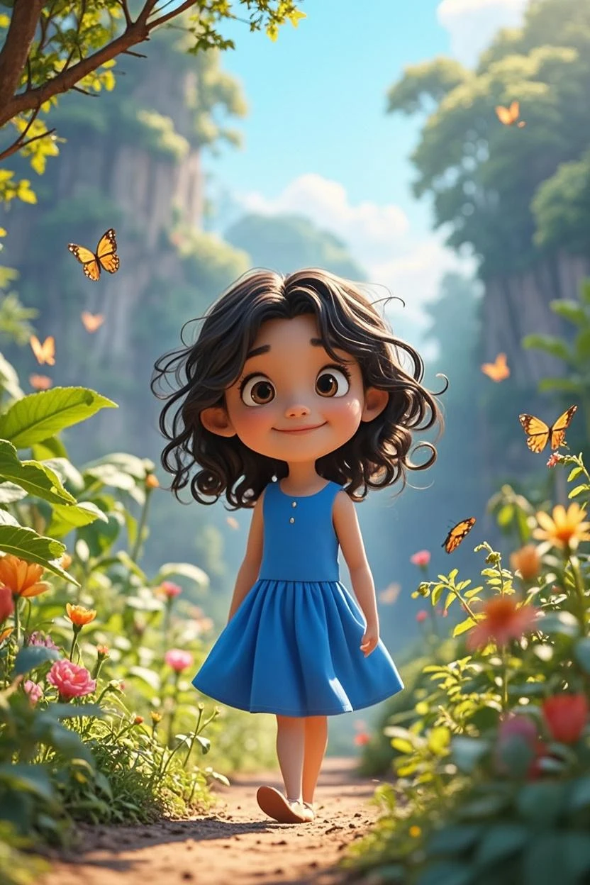 pixar style little girl with a layered bob hairstyle, laughing, chasing butterflies in the rain, masterpiece, best quality, intricate detail