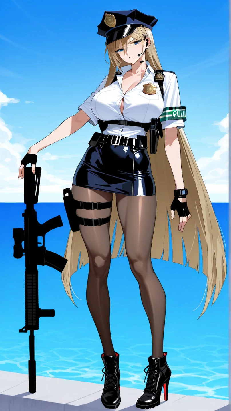 Highest quality、Ultra HD、One Woman、(blonde long hair 1.3)、(1 open-necked black shirt.3)、(Jeans 1.3)、(Black headband)、(Black Heels 1.1)、((Shoot a gun 1.2))、(Silver necklace)、(Large Breasts)、(Beautiful face with sharp eyes 1.2)、(tall)、Red bracelet on left wrist、(Cleavage 1.1)、40-year-old woman、Slender body、(Night city background 1.2)、((Clear and beautiful touch))