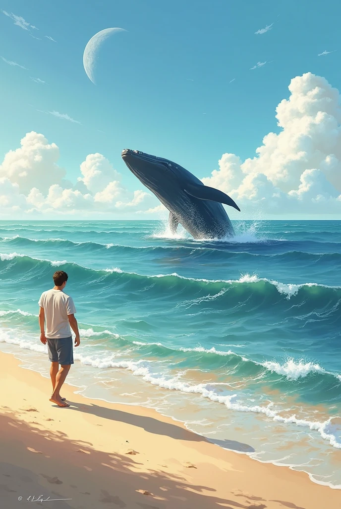 A picture of a whale throwing a man with a long beard and slightly long hair onto a sandy beach in the sunlight, with a feeling of peace and victory.