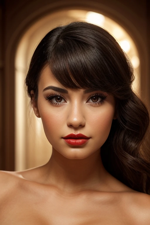 photo of (clsin:0.99), a beautiful brunette woman, closeup zoomed in tight crop portrait, wearing a cream colored evening gown , at a 1950's hollywood premier, bokeh, foreground objects background details (masterpiece:1.2)