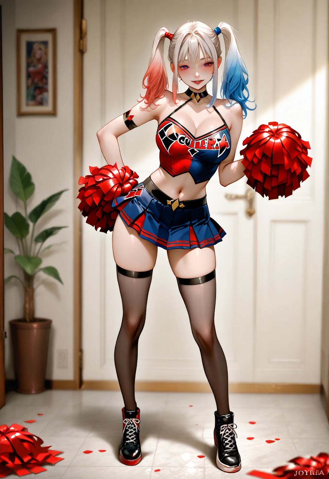 Beautiful legs in stockings,beautiful figure and body,smile,beautiful pose,sexy,different poses,Harley in anime style