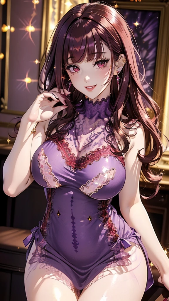 8k resolution,((Highest quality)),Ultra-high resolution,young woman, alone, sexy, (sad look), (Dark blue eyes), Beautiful and symmetrical face, (Pink messy long hair down to her waist),Gothic dress with a large bust,garter belt,Realistic:1.4,Realistic:1.4,(masterpiece:1.2),Perfect Eyes,Perfect Eyes,Perfect Legs,Indoors at night,Ample breasts,Perfect thighs,Perfect Legs,slave