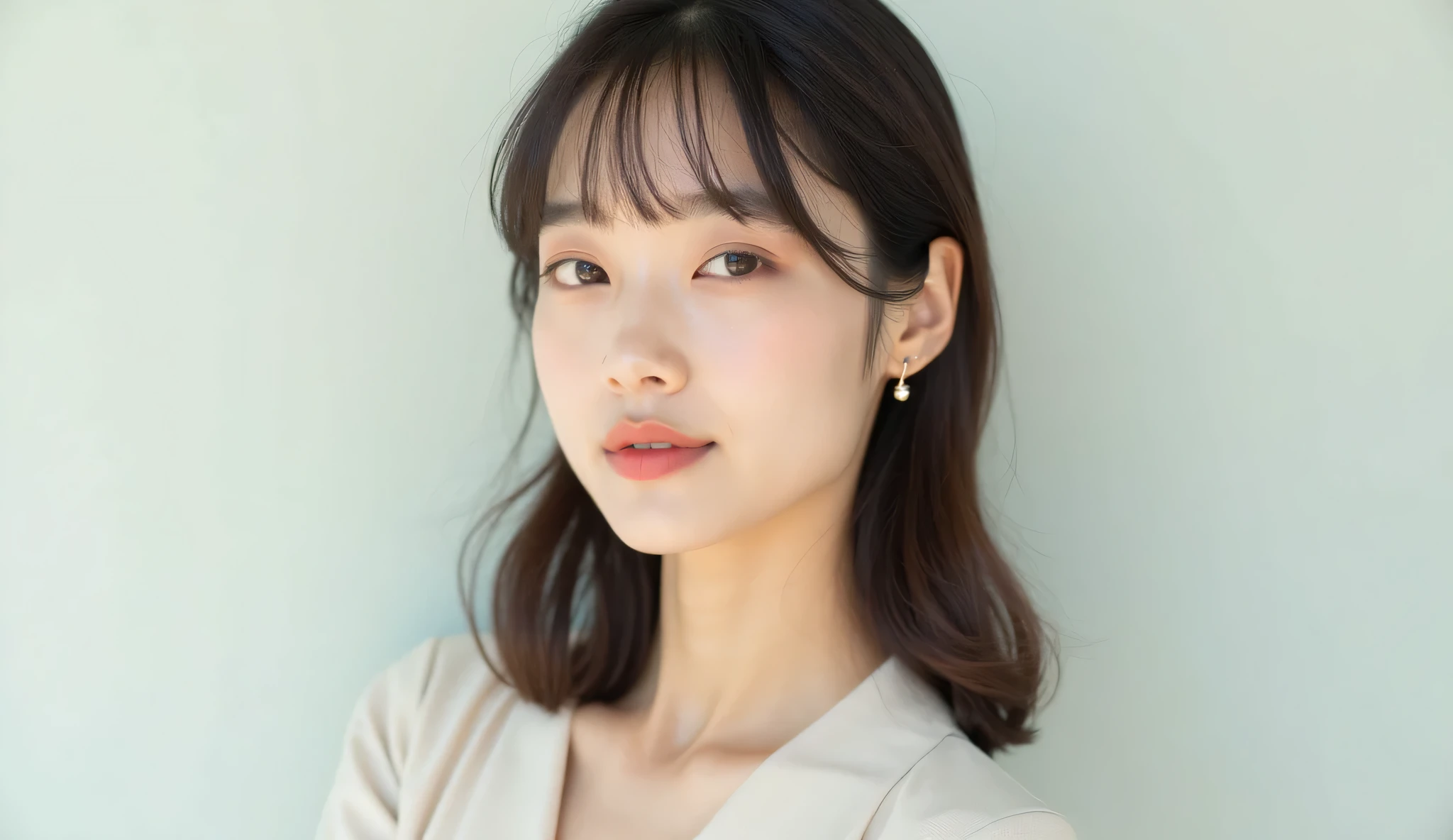 ((cute日本の女の子、beautiful japanese girl、1 girl、clear、19 years old、ponytail、dark purple floral swimsuit、dark purple geometric swimsuit、F cup、big breasts、Beautiful and well-shaped breasts、Highly detailed face and skin texture、refinement、super detailed face、highly detailed eyes、Lee Hong、blush、cheek、ピンクのcheekを塗ったcheek、close-up of woman、 from the neck up、upper body only、 Close to the camera、 positive face、Forward-facing body、look at the camera、front、cute、smooth white skin、Transparent skin texture、))、(dark brown hair、bangs)、beautiful woman with perfect style：1.4、japanese model、young gravure idol、若いcuteグラビアアイドル、Realistic young gravure idol、refinementされたグラビアアイドル、((highest quality、8K、masterpiece:1.3、１photograph))、(4K、RAWphotograph、highest quality)、(realistic、フォトrealistic:1.37)、Place someone on the other side of the screen、Natural light、professional lighting、((morning、noon、Bright interior、white room、Sense of cleanliness、bedルーム、bed、観葉plant、plant))、
