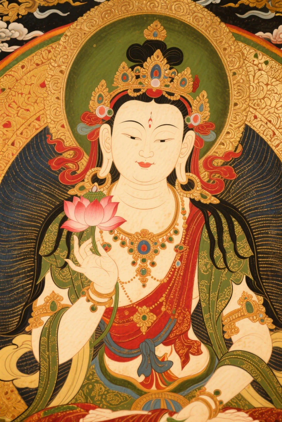 a close up of a large painting of a group of people, thangka, a beautiful buddhist mandala, tibetan thangka, tibetan painting, tibetan book of the dead, yantra, buddhist art, 3 2 x 3 2, dharma artifacts, samsara, 17th-century, puṣkaracūḍa