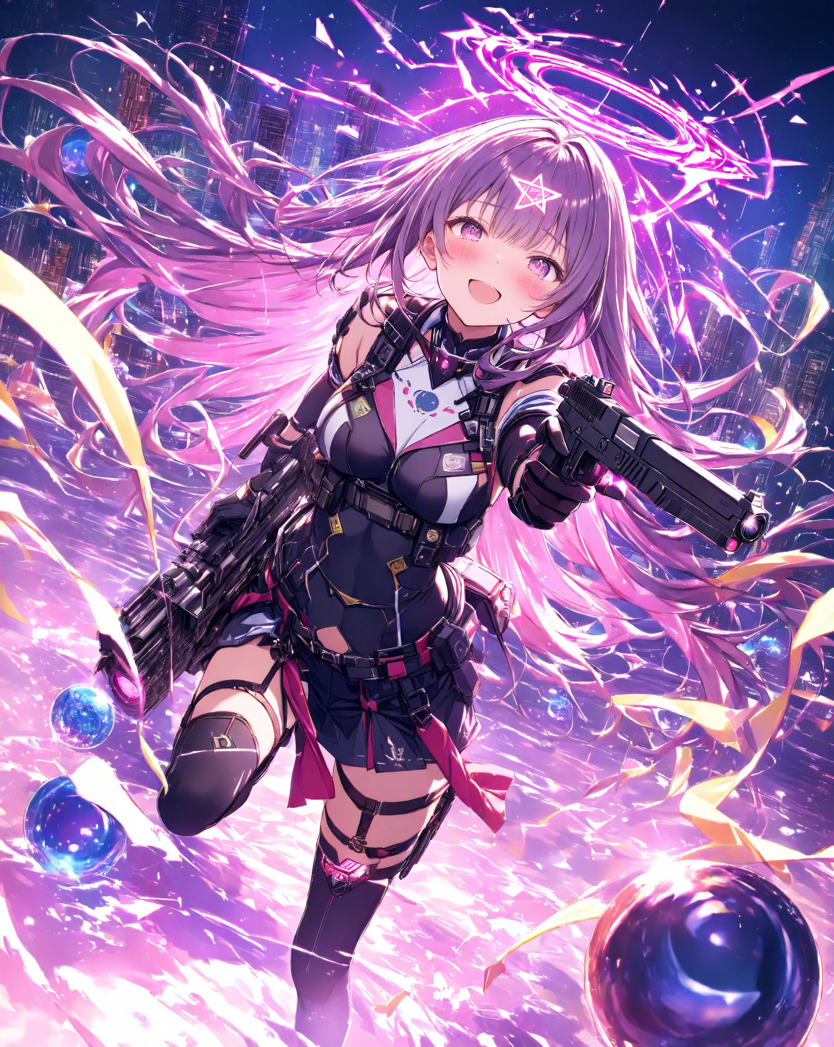 Japanese_anime_style,1loli,girl,very_messy_short_twintail, light_purple_hair,black_mechanical_armor_parts,body_suit,bare_shoulder,bare_thighs,small_breasts,floating,in_sky_background,(half_eyes:1.4),dynamic_posing,fighting,gauntlets,greaves