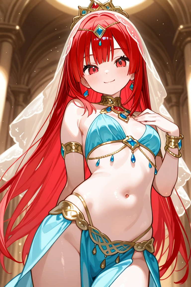 masterpiece, best quality, highres, ah3, kushsina_uzumaki, facial mark, long hair, red hair, blue eyes, multiple tails, fox tail, magical girl, naked body, large breasts, pussy, nipples, nude shoulders, sexy, smile, cowboy shot, standing, leaning forward,