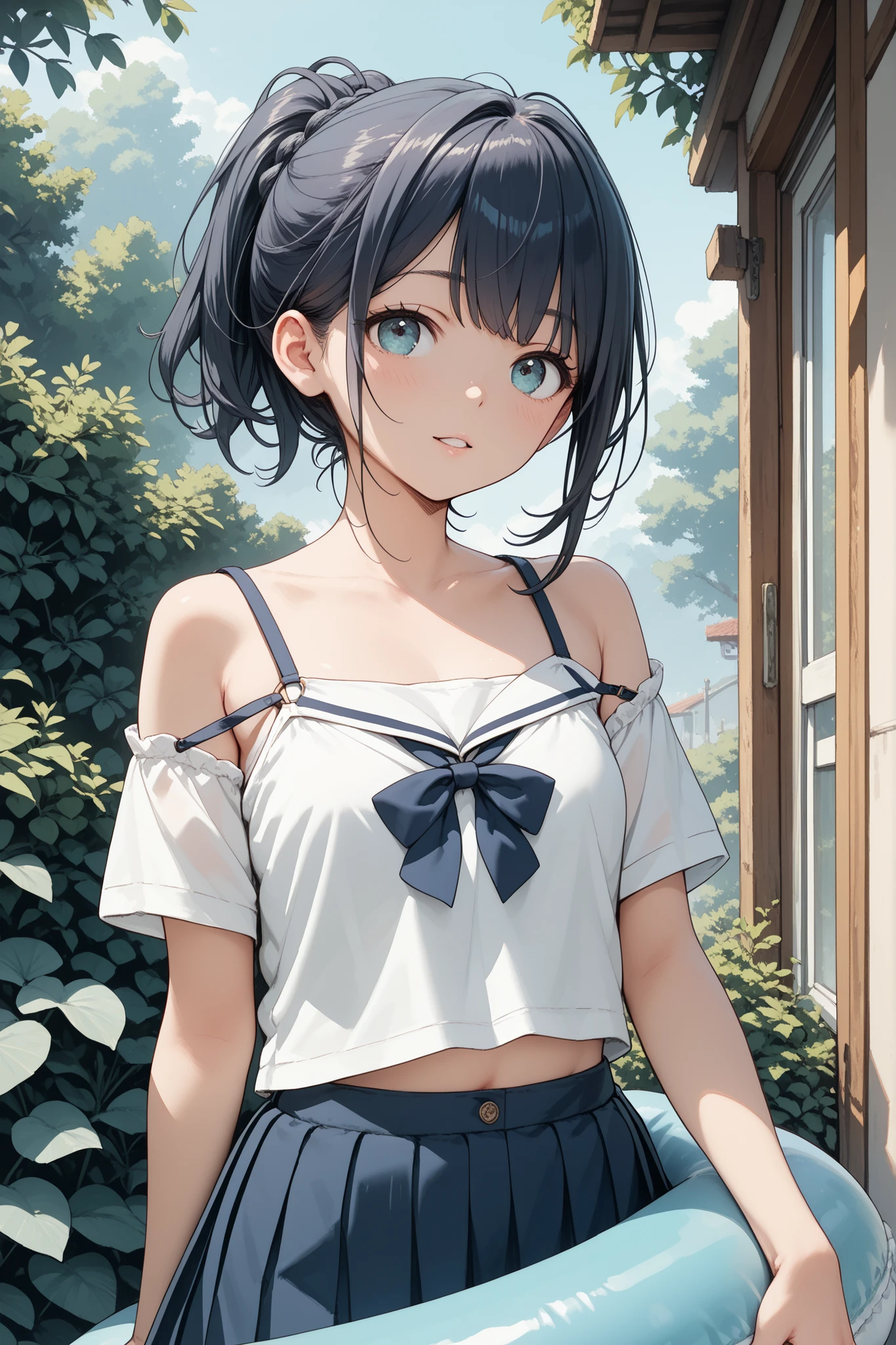 sailor uniform, innerwear visible, layered clothing, shirt peeking through, camisole strap, casual school outfit, slightly lifted top, subtle fanservice, anime style