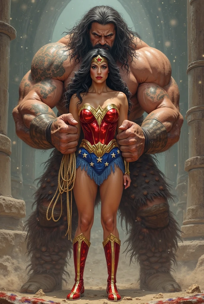Wonder woman with huge breasts and a fat dwarf