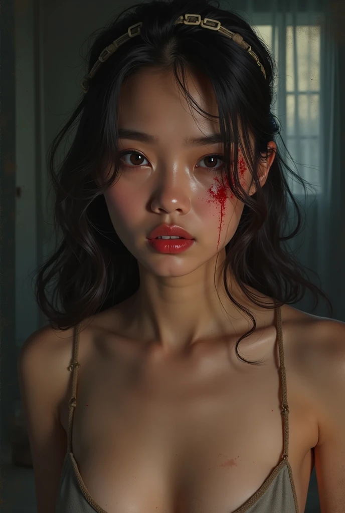Korean teenager dying, executed on the gallows with deep paint expresion at her face, her body hanged dan garroted, naked, nude, death by strangled by the neck
