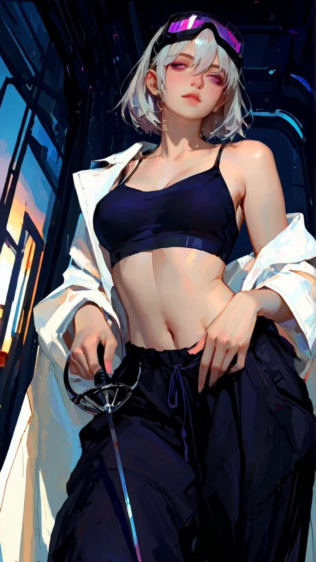 masterpiece, official art, best quality, textile shading, (Perfect Anatomy:1.5), highest quality, 1lady , slender, leggy, small breasts, Seductive, pensive, looking afar, [violet hair : blue hair:0.5], short hair,  (wear a white long sleeved shirt, tie, navy officer jacket:1.5), white bikini panties , barefoot, Perfect hands, Perfect body, reclining, lying on a sofa, raised legs ,legs up, bending knees,  ((Exquisite detail)), Very finely crafted fingers(((10 fingers))), (full body showcase), (Show your whole body), (no background), (No logo) , high resolution, parted lips, belly button , foot up, arms up, from above, bear up, foot focus