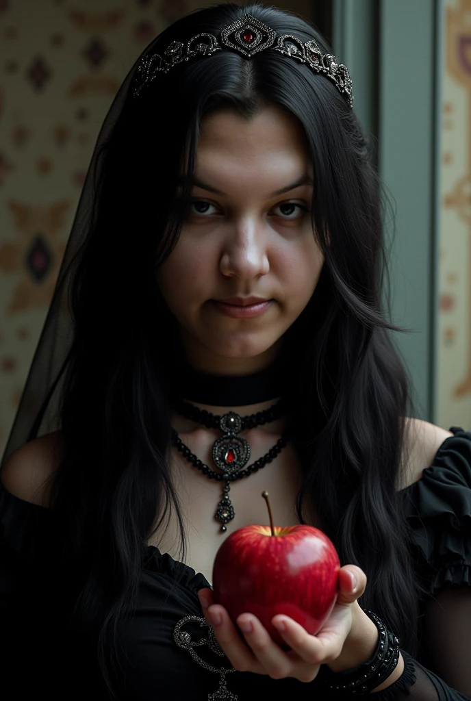 a woman with long flowing black hair, piercing eyes, a prominent unibrow, rosy cheeks, eating a juicy red apple, wearing a Victorian-style vest and lace collar, standing in a lush meadow with a unicorn, (best quality,4k,8k,highres,masterpiece:1.2),ultra-detailed,(realistic,photorealistic,photo-realistic:1.37),intricate details, striking colors, dramatic lighting