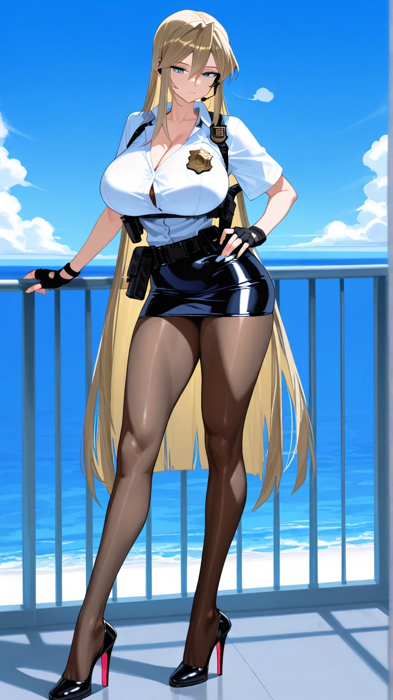 Highest quality、Ultra HD、One Woman、(blonde long hair 1.3)、(1 open-necked black shirt.3)、(Jeans 1.3)、(Black Heels 1.1)、((Shoot a gun 1.2))、(Silver necklace)、(Large Breasts)、(Beautiful face with sharp eyes 1.2)、(tall)、Red bracelet on left wrist、(Cleavage 1.1)、40-year-old woman、Slender body、(Daytime city background 1.2)、((Clear and beautiful touch))