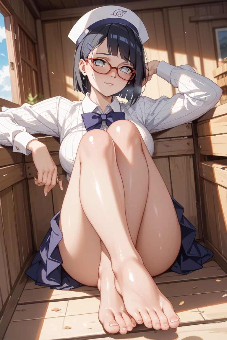 (highest quality), Super detailed), (Ultra High Resolution 8K), High-definition facial beauty, ((Embarrassingスカートリフト)), A plain girl with glasses, (Big Breasts), ((Look away)), Detailed sailor suit, Showing off her red see-through panties , (Blushing, Embarrassing:1.4), Very hot day, Shade, ((Sit down)), Panties that are damp