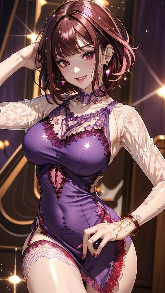 (((NSFW))), a stunning magica fantasy full-body portrait of a busty woman in dark purple racy sexy lingerie, wearing a garter belt, aged 27, emphasizing feminine features Plunging neck Lines, Slender Body, Small Ears, Brown Hair, Short Wavy Hair, Smiling Happy, Dynamic Pose, Ticker, Fantasy, Extreme Detail, 4Kde, Ultra HD, Trending on ArtStation, Polished, Radiant, Photo Vibrant, background lighting, (8Kdende UltraHD), Unreal Engine 5 potions, intricately detailed, 3D vray details