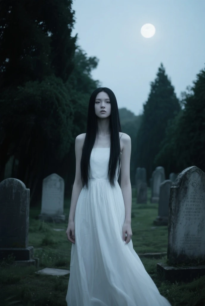 Create a picture of a woman wearing a transparent white dress,long black hair down to the bottom,face full of cuts,vicious eyes,mouth full of blood,the stomach is hollow,visible intestinal organs scattered full of blood,background of an old cemetery, mysterious scary atmosphere,with blood dripping