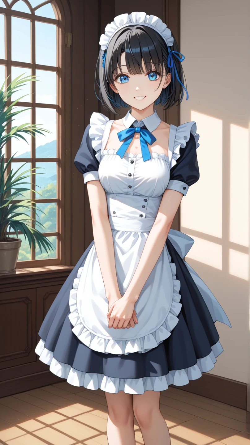 Highest quality, Androgynous male,Cute face,Flat Chest,Short Bob Cut,tutu skirt,Lace blouse,White blouse,Blouse with collar,Ribbon on neck,sleeve,Blue Skirt,Black Hair,Smiling shyly, Blushing, Character portrait, Shooting in the city