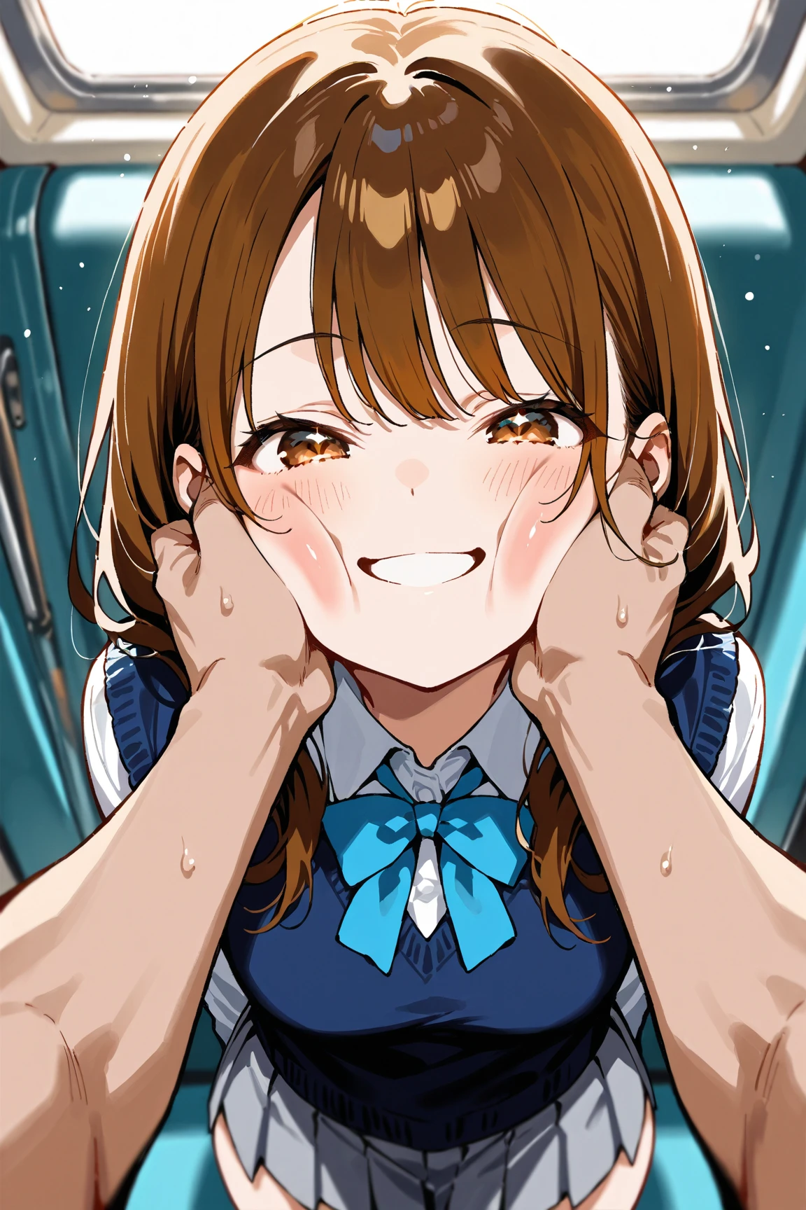 SoraBase, long hair, star hair ornament, hair ribbon, blue eyes, blue vest, sleeveless shirt, red ribbon, navel, wrist cuffs, blue skirt, blue thighhighs, thigh ribbon, waist cape,aged up,,,official_art,,score_9, score_8_superior, score_7_superior, score_6_superior, sauce_anime, One girl,heavy breath,(face focus,close up:1.8),cum bubble, bubble in nose,cum on face, bukkake,,from above,kneeling,frown,ennui,arms down,cum on hair,in pubic restroom,open mouth,cum in mouth,crying,sad,red collar,chain leash on red collar,leash pull,