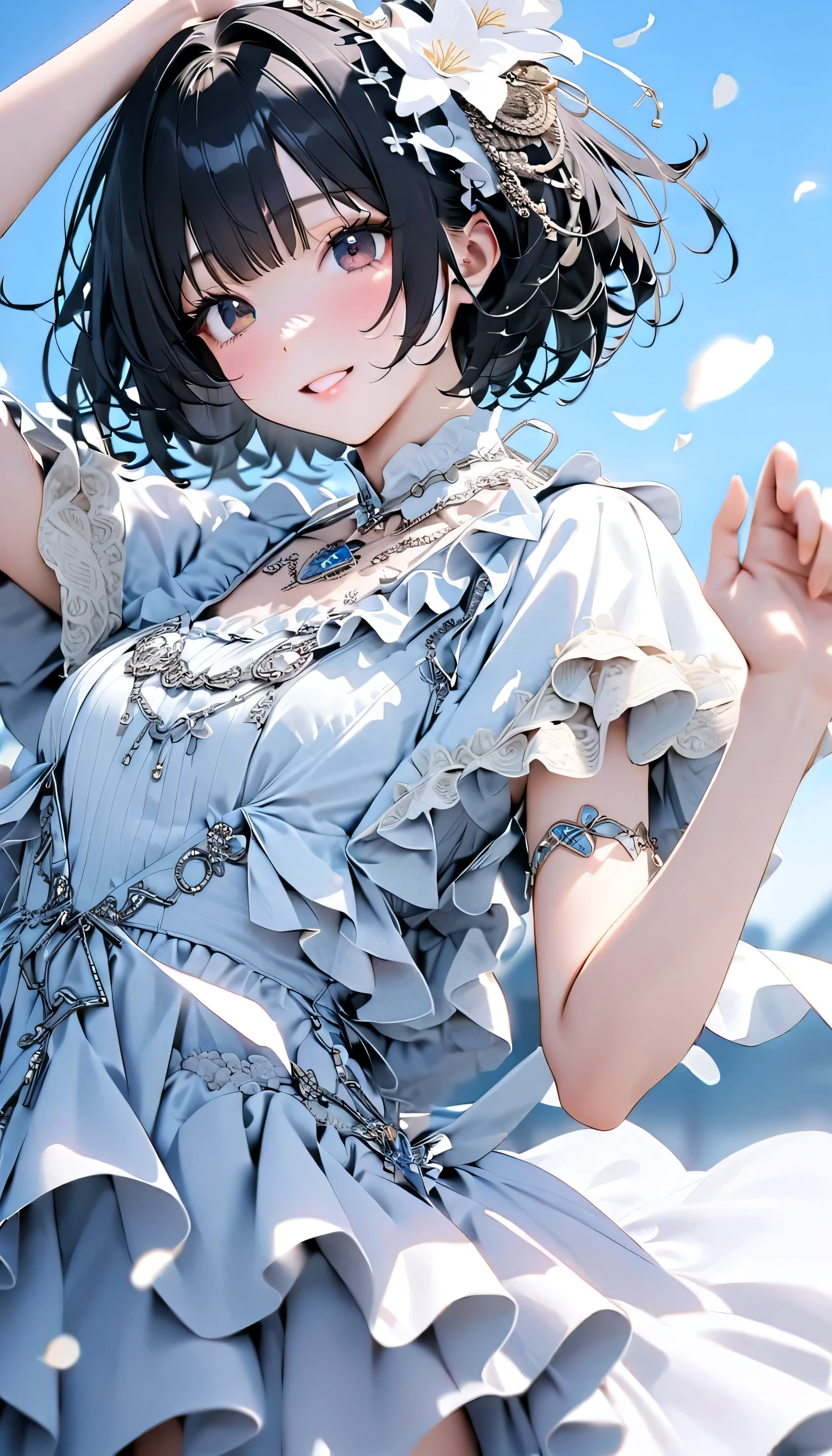 (Highest Quality:1.2, 非常にdetailsな, newest, Highest Quality, Best Aesthetics), 8K Ultra HD, 非常にdetailsな, details, bold configuration, (perfect human structure), beautiful and very delicate texture, (masterpiece:1.2, Highest Quality, Best Aesthetics, wind), (white petals dance:1.2, fantastic blue sky background:1.4), (shallow depth of field:2), windでwhite petals dance, delicate and dynamic, (Light reflection:1.2), (Halation of light:1.2), Romantic and sweet style, コンセプトアートwind, Blessed Virgin Mary white dress, bright light, Beautiful World, New World, accurate, dynamic angles, angel, 1 woman, upper body shot, black hair, dark eyes, young, textured skin, shiny skin, charming smile, Girl Beauty , Miraculous Beauty Symbol, ((( white dress with lavish embellishments:1.2))), 2.5d, realistic