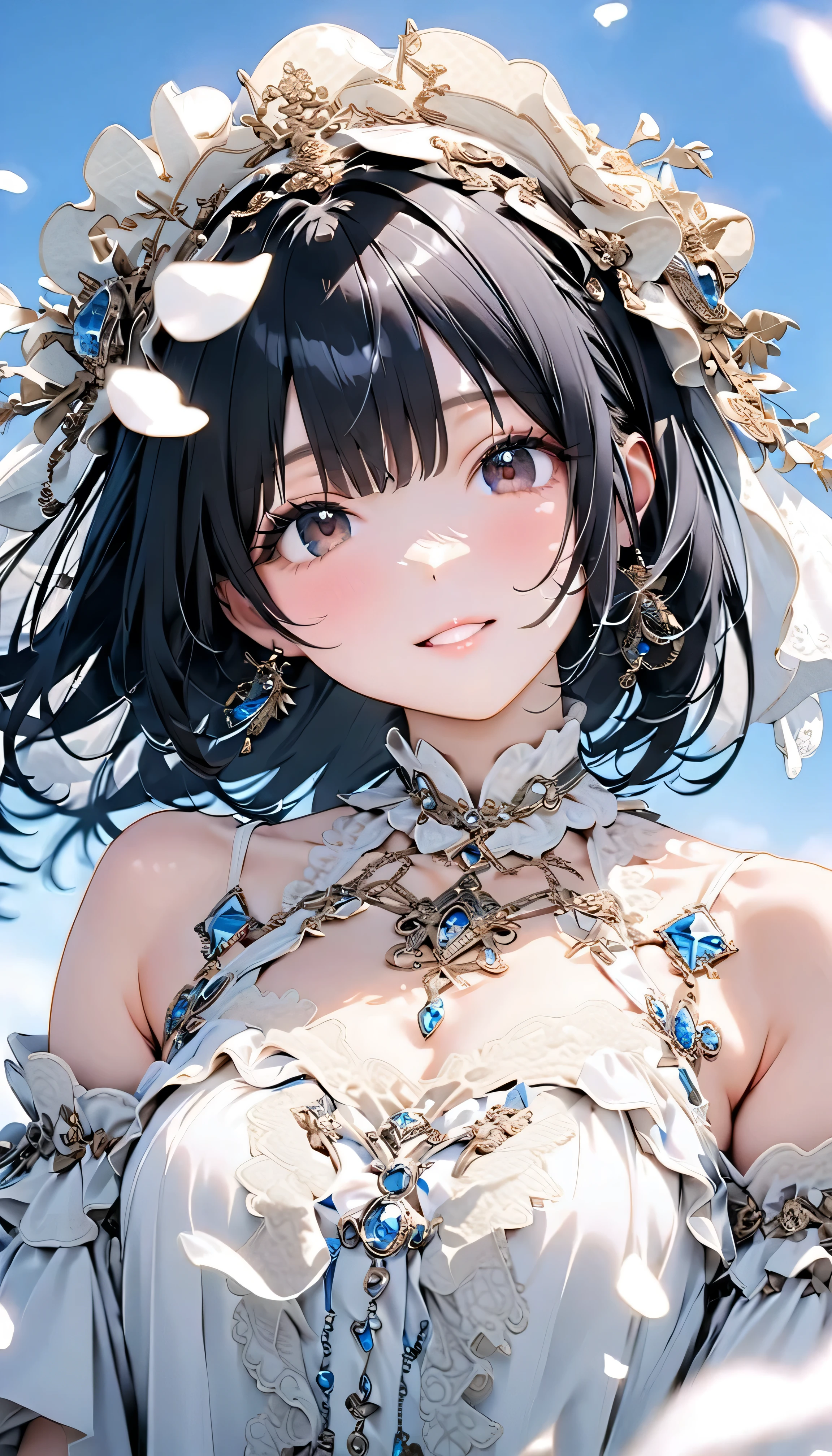 (Highest Quality:1.2, 非常にdetailsな, newest, Highest Quality, Best Aesthetics), 8K Ultra HD, 非常にdetailsな, details, bold configuration, (perfect human structure), beautiful and very delicate texture, (masterpiece:1.2, Highest Quality, Best Aesthetics, wind), (white petals dance:1.2, fantastic blue sky background:1.4), (shallow depth of field:2), windでwhite petals dance, delicate and dynamic, (Light reflection:1.2), (Halation of light:1.2), Romantic and sweet style, コンセプトアートwind, Blessed Virgin Mary white dress, bright light, Beautiful World, New World, accurate, dynamic angles, angel, 1 woman, upper body shot, black hair, dark eyes, young, textured skin, shiny skin, charming smile, Girl Beauty , Miraculous Beauty Symbol, ((( white dress with lavish embellishments:1.2))), 2.5d, realistic