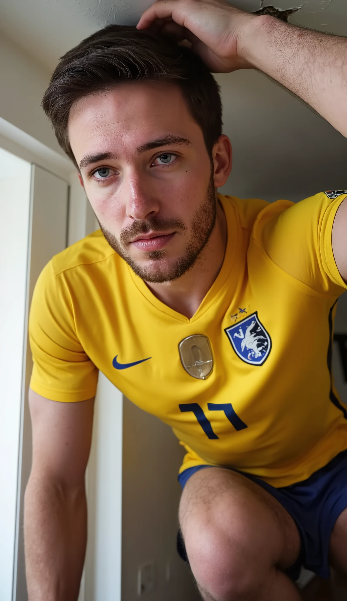 man , Sensual, high, moreno, athletic, lean body, very skinny body, skinny defined jaw, Straight Nose, penetrating blue eyes , short brown hair , Looks like it's Chris Evans , well-groomed beard , mature and airy face , full body , realistic image , High resolution , Ultra HD, wearing gym shorts , pes nus. he is facing away, hands resting on the parapet , looking at the viewer. Bedroom morning sunrise background, head against the ceiling, macro perspective, hand touching the ceiling, crack ceilling
High quality, Ultra HD, Hyper-realism, front view, penis focus big, very low angle , wearing yellow french soccer jersey,fullbody , one hand on bulge, pressing bulge one hand pressing his nipples , gigagts, giant size, cramped, head against the ceiling , macro perspective, hand touching genital bulge, torn clothes giant-sized men crawling through a confined hallway, wide-angle perspective emphasizing her giant size, crawling position