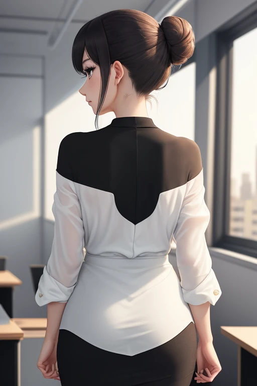 Masterpiece, Best quality, Very detailed, Beautiful portrait , Single, shirt, long_Sleeves, white_shirt, surrounded_shirt, pants, from_behind, arms_behind_behind, black_pants, Official, suit, arm_behind_behind, shirt_tucked_in, facing_remote, office_Mrs., business_suit, Waist height_pants, volumetric lighting, Best quality, Masterpiece, intricate details, tonemapping, Intense focus, Overly detailed, trending on Artstation,