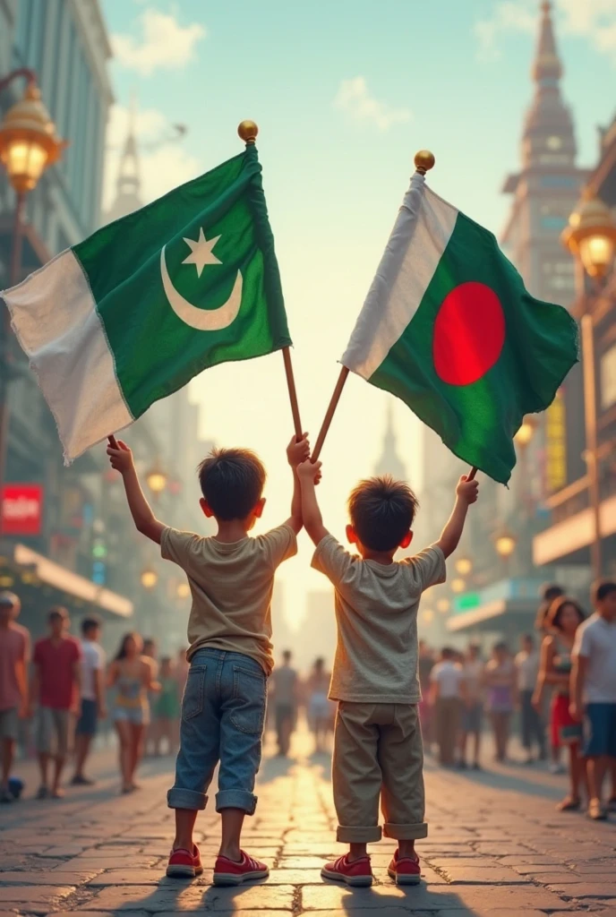 Two boys are shaking hands. One is wearing a Punjabi with a Bangladeshi flag and the other is holding a Pakistani flag. Another is wearing Punjabi with Pakistan flag and holding Bangladesh flag.
