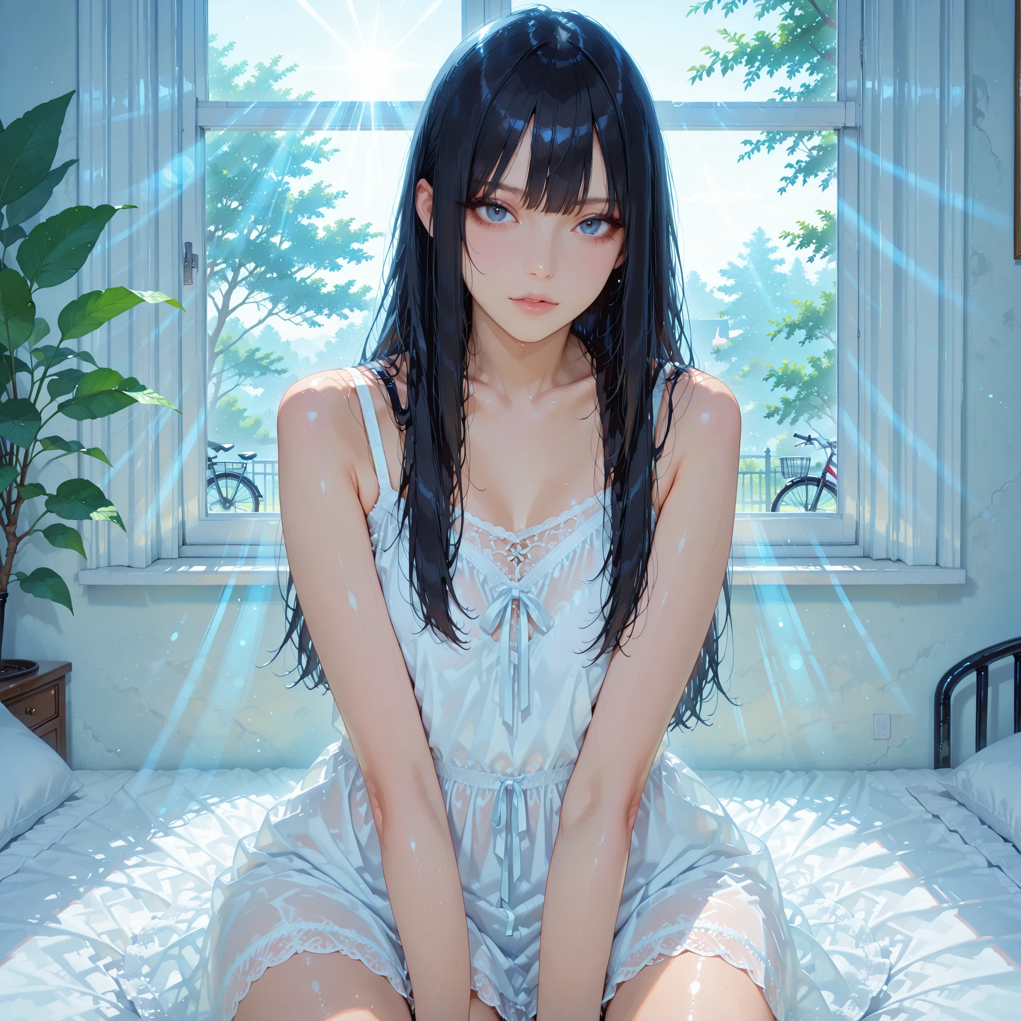 masterpiece, high quality, 4k, best quality, dynamic lighting, first-person view, Anime style scene from a first-person perspective. A tall young woman with dark long hair, wearing a thin white nightgown, sits beside the viewer on a bed. Morning sunlight shines through a horizontal window behind her, creating visible light rays like beams filtered through tree leaves. A bicycle with a red, blue, and white frame (like the Cinelli design) hangs on the wall. The room is calm, minimal, slightly unfamiliar. Vivid colors, clear bold outlines, soft shadows. Inspired by Makoto Shinkai’s style