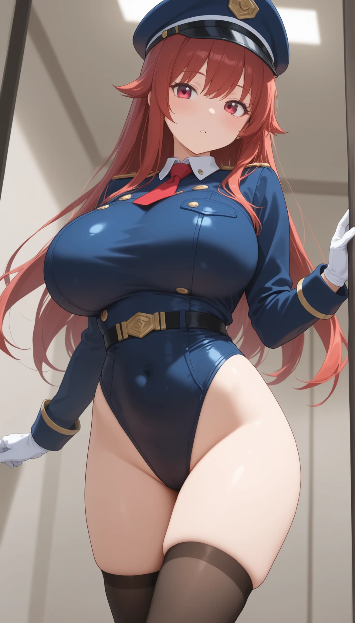 NSFW,Big Breasts,Crotch crack,A woman stands in front of a group of robots, Steampunk, synthesis, Beautiful android woman, Stormy epic war scenes, Inspired by Richard Avedon, ,Black,skin,Dieselpunk Policewoman, Redhead woman, Girl in suit, Complex fashion clothing, Beautiful female soldier,Trousers half removed,Slipped pants,Micro Lingerie,blush,Surprised,,pussy juice,penis,sex,penis in pussy,condom着用,condom,1boy,vanilla sex