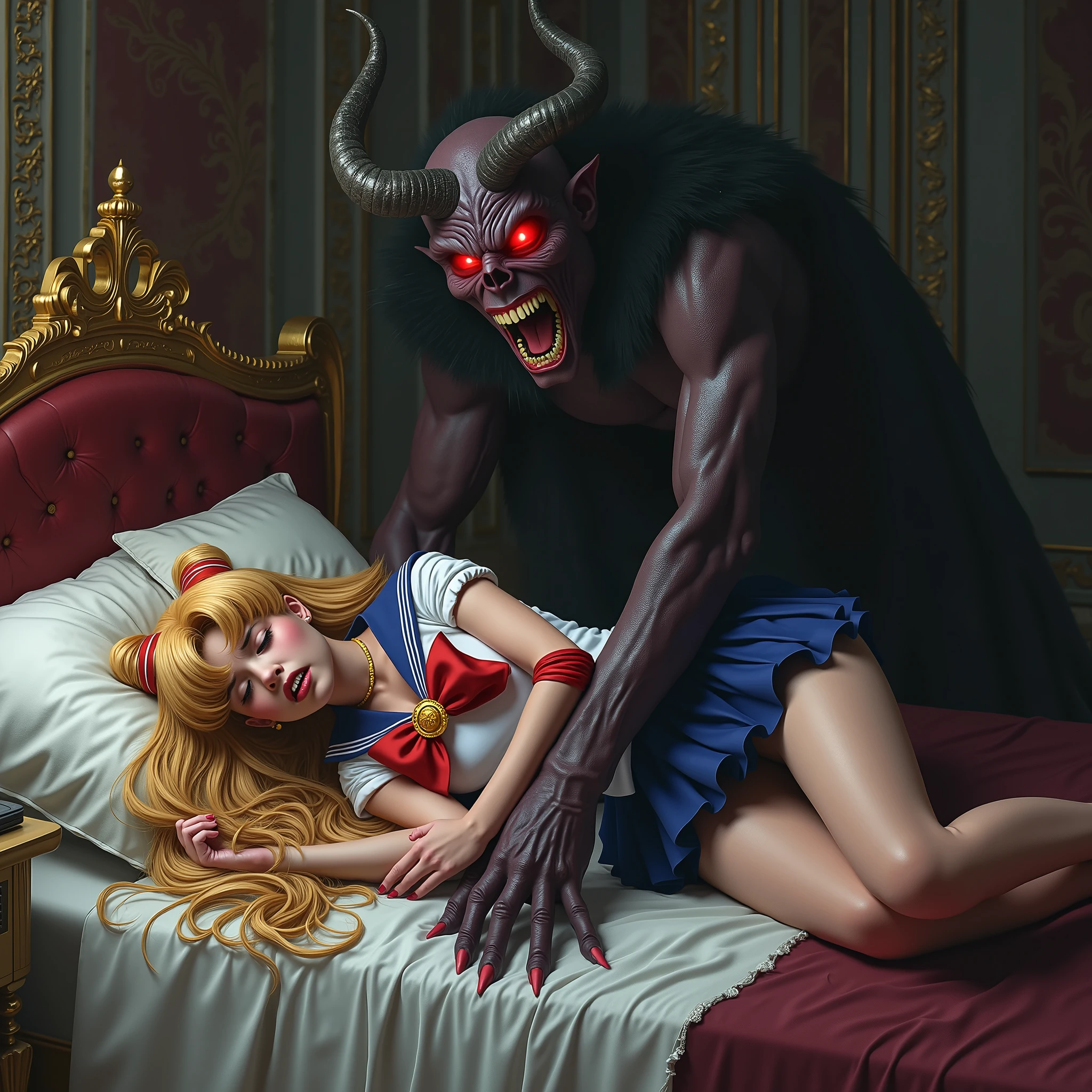 Realistic picture of Sailor Moon Flux is laying down flat on the bed, in the royal castle, she is sleeping, harassed by the devil, she is unconsciousness, painful, eyes close, the devil is bending on her body, he touch her leg, red light from his eyes, whole body visible from head to feet, hyperrealism,