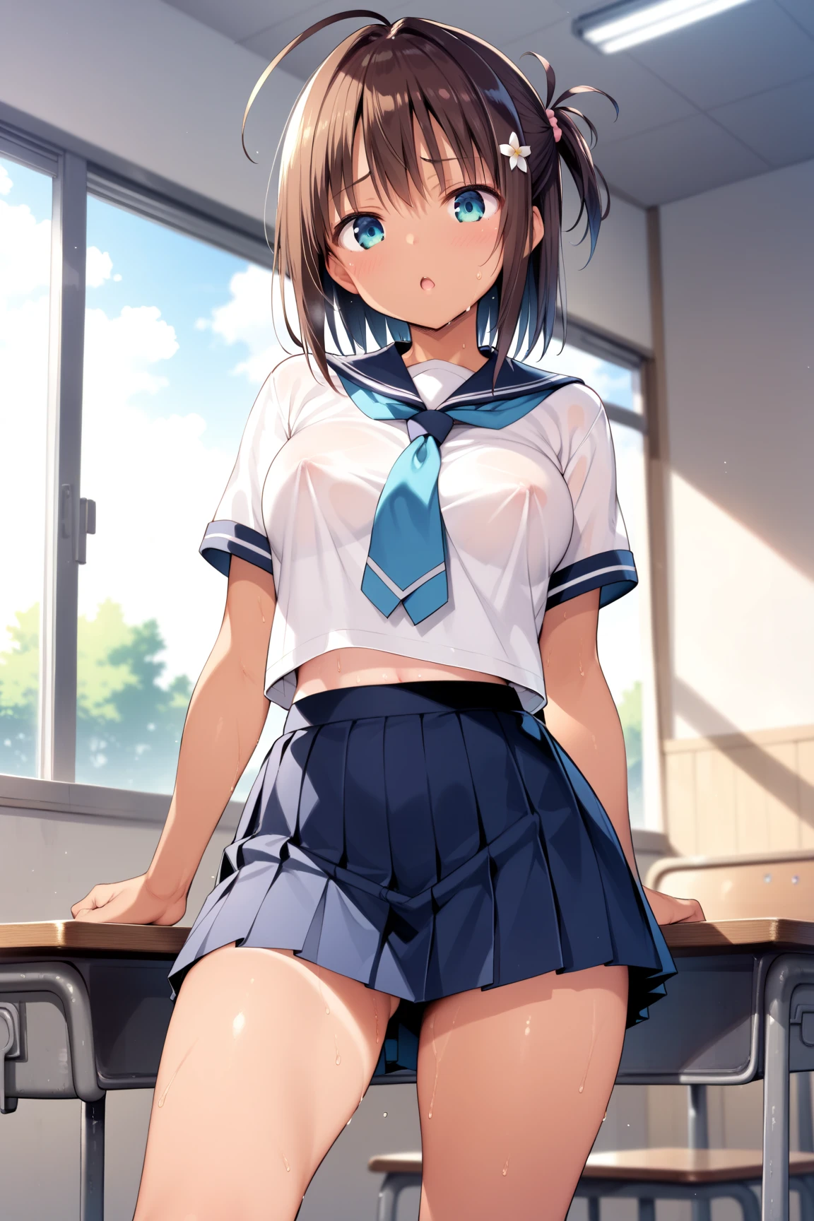 masterpiece、highest quality、1 girl、high school girl、18-year-old、Perfect Face、Shiny skin、Random Uniform、(Short Hairstyles)、Big eyes、tall)、Beautiful Hair、Beautiful Eyes、Perfect proportions、Beautiful thighs、Beautiful legs、Beautiful fingers、((High-quality fabric、brown knit vest、Short sleeve white collar shirt、Navy Pleated Skirt、A bow tie))、After school in the classroom、(smile)、(((((Skirt Lift、White panties are visible)))))