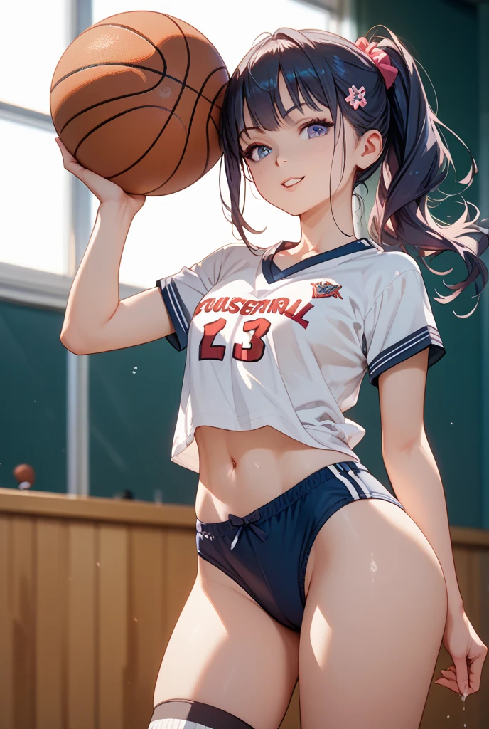 (masterpiece), (highest quality), (Very detailed), At the basketball venue, 1girl, blush, ((Lifting the basketball uniform:1.4)), Happy, View here, Big Hair, Brown Hair, shy,((slender)) ,anxiety, blush, smile, the body is slim,(Shiny skin), from the front, From above,Long wet ears, ((topless:1.4)),(Sit with your legs apart)、Raise your knees、Bend your legs、Full body photo、(Focus on the groin)、Exposing thighs、Keep your buttocks on the floor、(white thong),