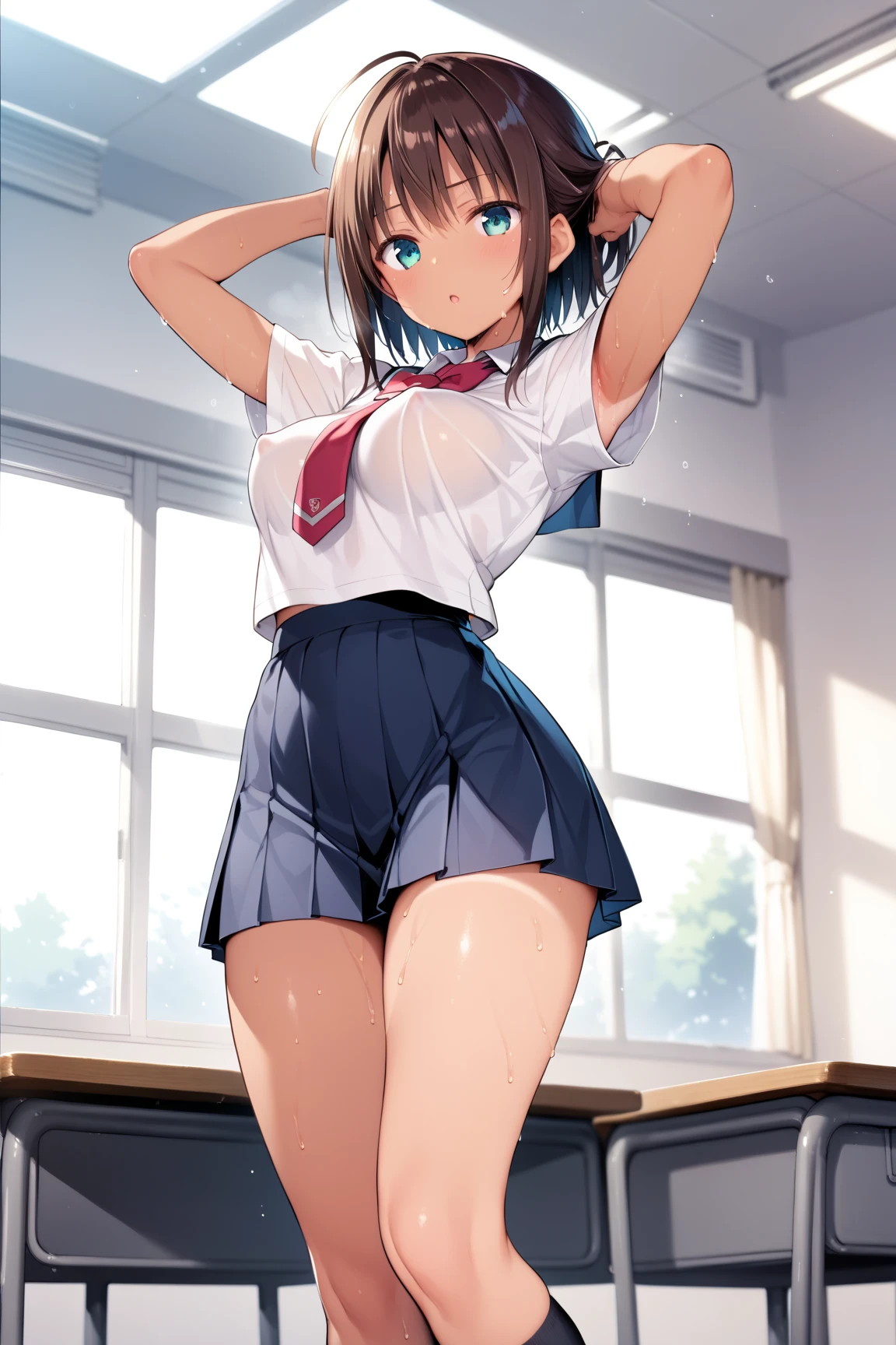 masterpiece, best quality, ((beautiful detailed eyes):1.3), (((16years old))), blue eyes, black hair, short hair, blue hair ribbon, blue headband,large boob, ((cleavage)), ((extremely delicate and beautiful fabric):1.3), looking at viewer, (seductive orgasm smile), blush, slender, slim, very clear, ((masterpiece, best quality, ultra-detailed):1.5), ((an extremely delicate and beautiful)), ((((illustration)))), (realistic:0.6), (extremely detailed skin), ((ultra-detailed:1.35)), detailed fingers, absurdres, intricate, (1girl), ((solo)), ((glistening skin)), (((oily skin))), ((wet skin)),(((cute face))),slender、(sailor uniform:1.5)、(((class room)))、(((side tie panties)))、(skirt lift:1.5)、(Kneeling pose:1.5)