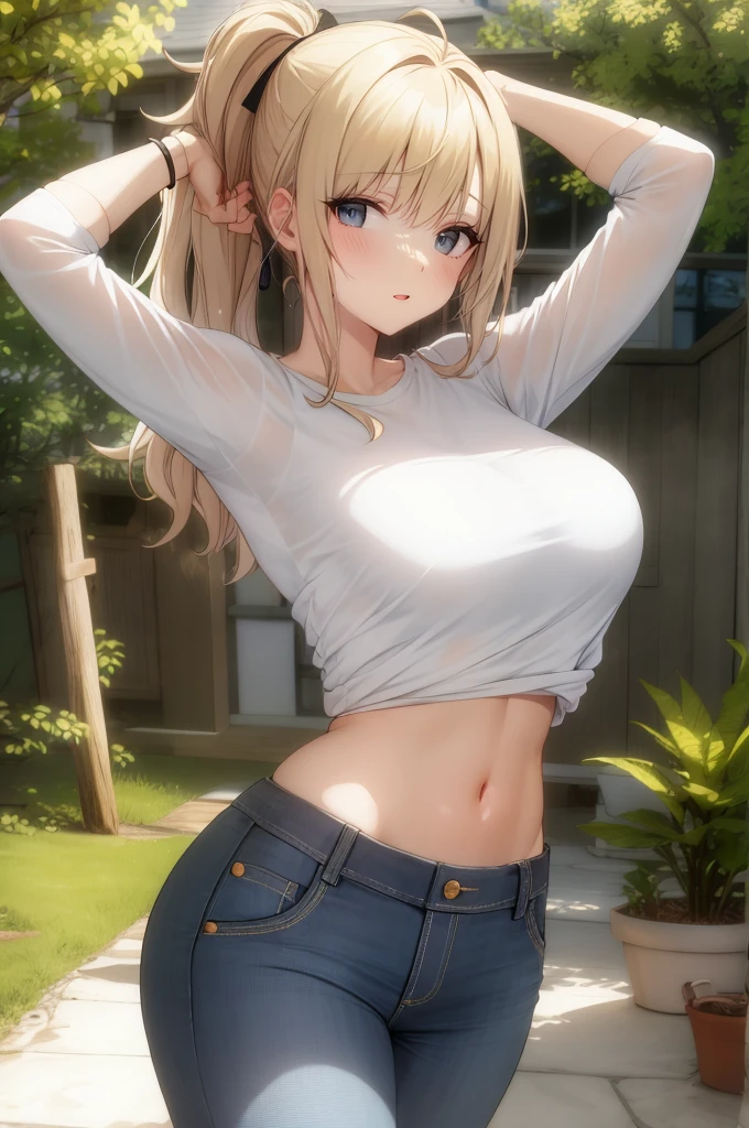 the real thing、1人、17 blond、Embarrassed face, Longhaire、poneyTail、((huge tit:1.5))(white t-shirts:1.5)), ((Breasts withe nipples)), ((Slim wa wet body、cowboy shot、Forward-facing、Shiny body、pee、Looking at the camera、((genitals are visible))、((Toto from the side))、top-quality