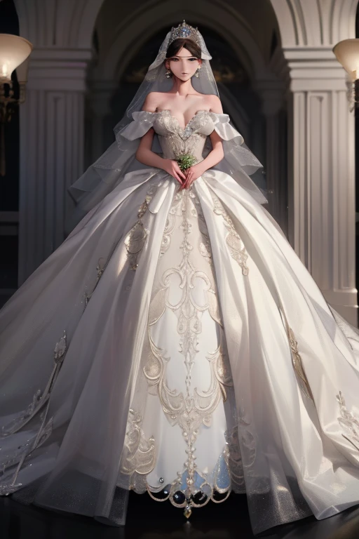 1girl,solo,medium breasts,outdoors,<lora:GoodHands-beta2:1>,(full body:1.3),<lora:0261 marguerite wedding dress_v1:0.9>,ruanyi0261,off-shoulder dress,pearl \(gemstone\),tiara,veil,wedding dress,, best quality,masterpiece,highres,official art,extremely detailed cg unity 8k wallpaper