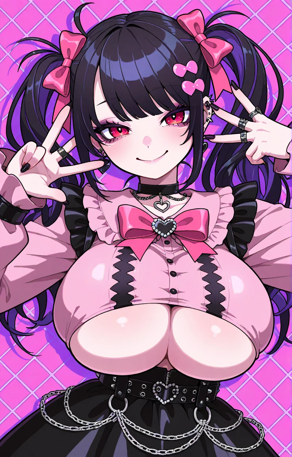 black hair, female, twin drills, solo, smol, pink eyes, massive breasts, very long hair, wear bikini, masterpiece, ultra high quality