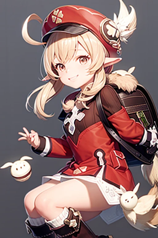 tmasterpiece, Best quality at best, 1girll, blasts, Corey (genshin impact), Hats, 独奏, boots, mitts, red headgear, ssmile, arms out,backpacks, bag, looking at viewert, Arms spread wide, double tails, shift dresses, long whitr hair, Hat feathers, brownfootwear, longer sleeves, red dress, kneeboots, By bangs, ahoge, pointy ears, red eyes, :d, blond hairbl, cabbie hat, full bodyesbian, sockes, Low Twin Tails, hairs between eyes,knees,feater,brown gauntlets,dodoco(genshinimpact),White feathers,upper teeth only,teeth,Mane,randoseru,围巾