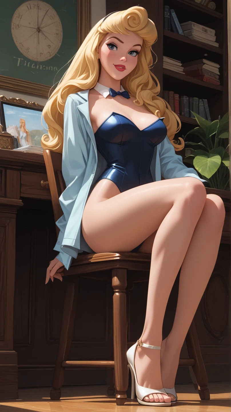 1girl, blue lingerie, ((blue lipstick:1)), green eyes, blonde hair, thin body type, pin-up pose, chair, cozy environment, character design, white background, fullbody, tease, cute girl,