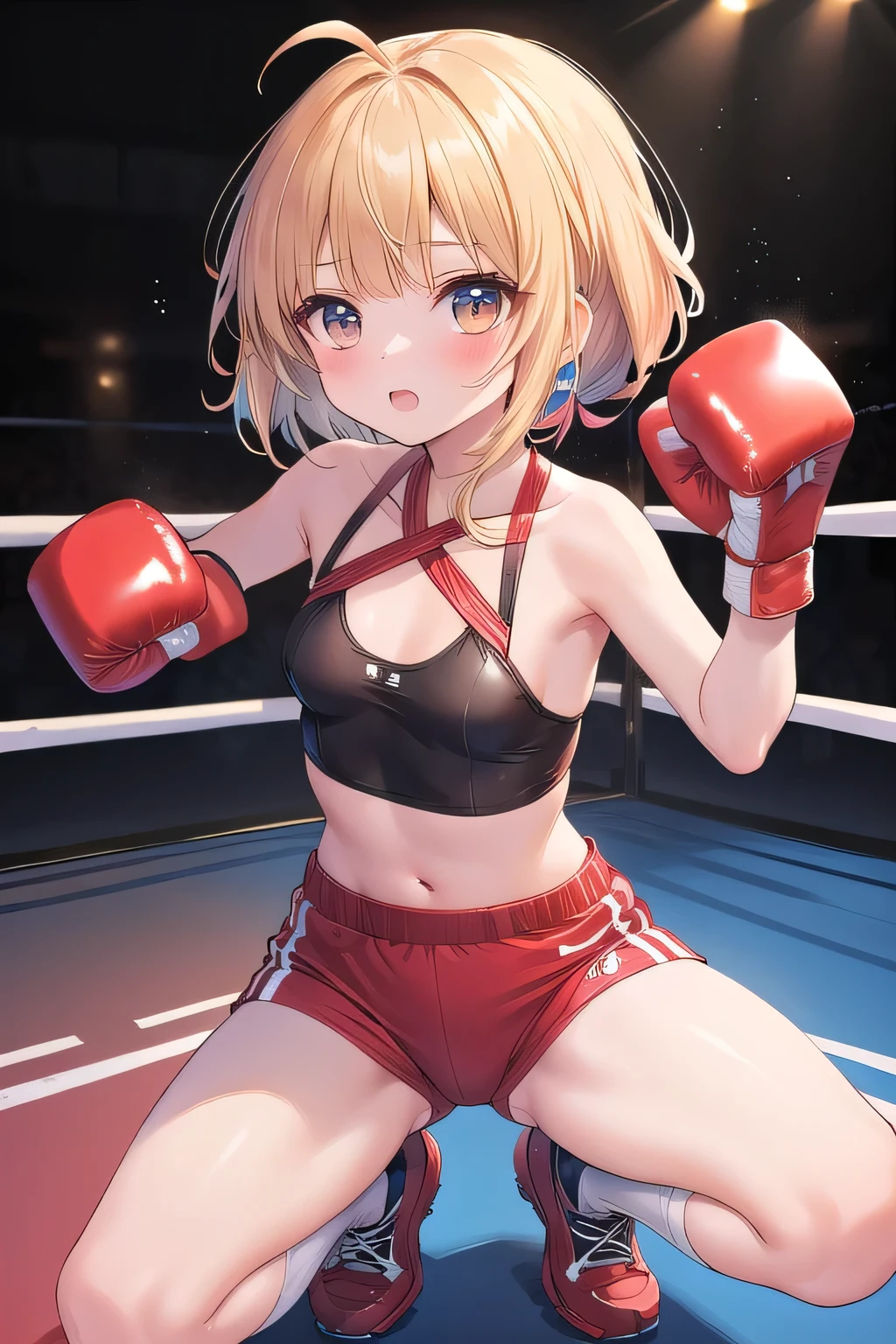 (kinako_(shiratama_mochi) style, ((topless)), nsfw, masterpiece, 1 girl, solo, erect nipples, intricately detailed, navel, bare shoulders, brown hair, bandana, boxing shorts, boxing ring, gym, boxing, boxing gloves, extremely detailed, bare breasts, puffy nipples, green eyes, bare stomach, sweaty, medium breasts, arm strap, cowboy shot, teen, soft eyes, open mouth, short hair, cg masterpiece, cowboy shot