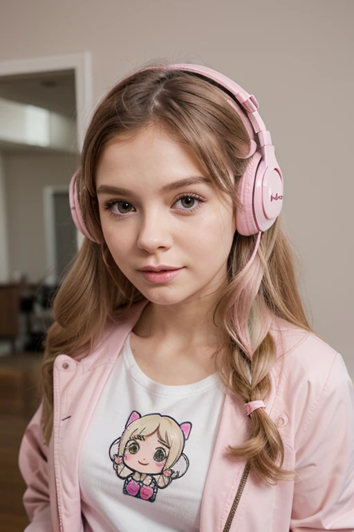 girl 12 years old, blonde long hair of braids,portrait, with headphones smiling and holding hands up, purple leather jacket, girl wearing headphones and holding in her hands a vinyl record, listening to music, wearing headphones, with headphones, with headphones, using a headphone jack, vibrating with music, listening to pious music, wearing headphones, using gaming headsets, tinnitus, high-quality portrait, headphones on, digital art h 9 6 0, (white background: 1.3).