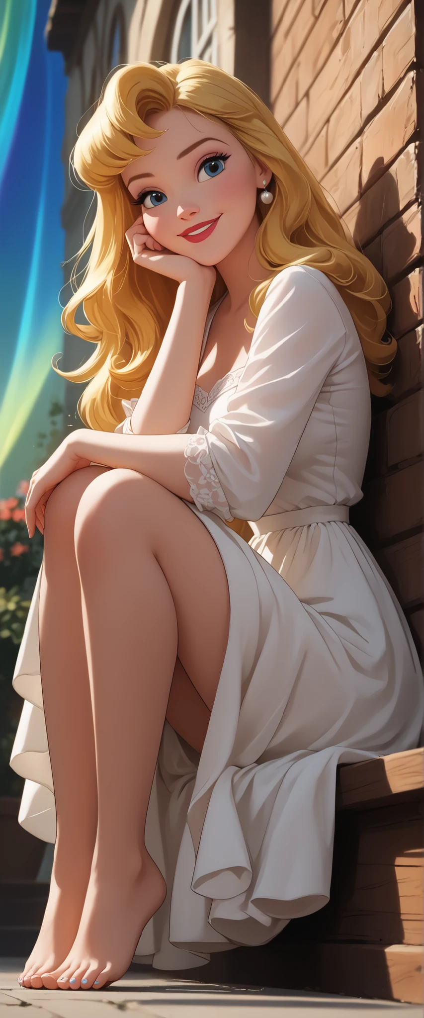score_9, score_8_up, score_7_up, score_6_up, Cinematic frame, a full body girl, full side view low angle portrait, REST ( Disney's Aurora , blonde, loose hair, blue eyes, piel clara), white blouse, 3D representation of Disney, REST ( sitting holding her knees , toenails lifting their legs and showing their delicate and beautiful bare and small feet, beautifully shaped and detailed, smiling looking at the spectator , low angle portrait.