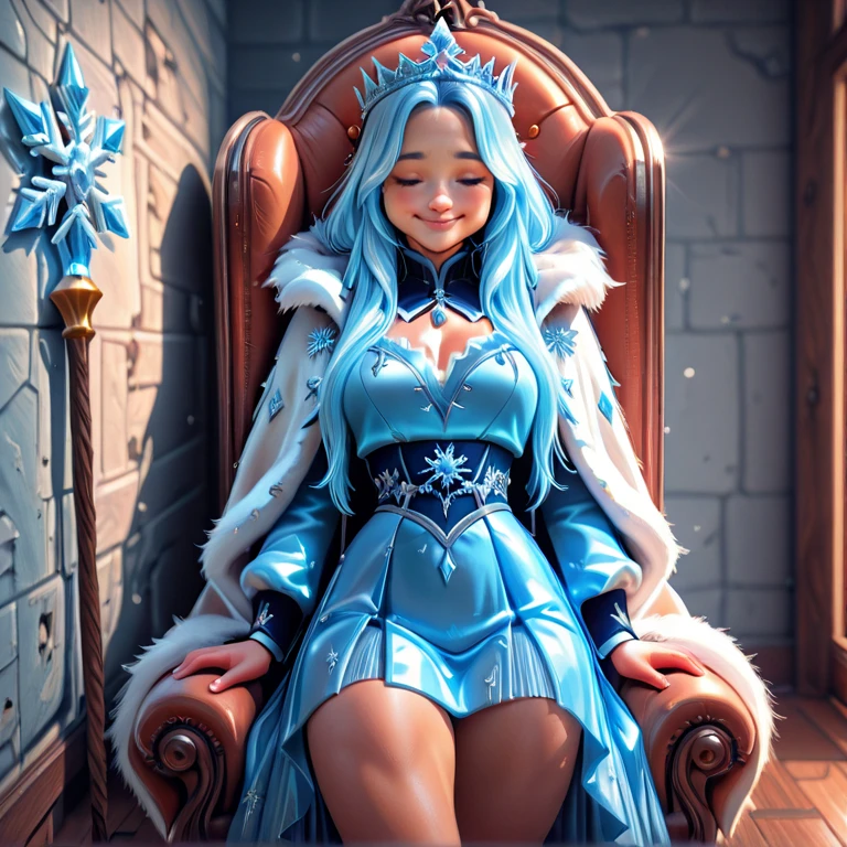beautiful sexy african american Ice queen sitting on Throne, blue eyes, winter weather in an ice palace, palace made of ice, anamorphic, video art, vibrant colors, dynamic lighting, ultra high detail, dramatic lighting, movie poster, asymmetric composition, ultra detailed, full HD, unreal engine, artstation, photorealistic, highly detailed league of legends art style, masterpiece, highest quality, wearing thick white fur coat, light calm colors, light blue gown, crystal