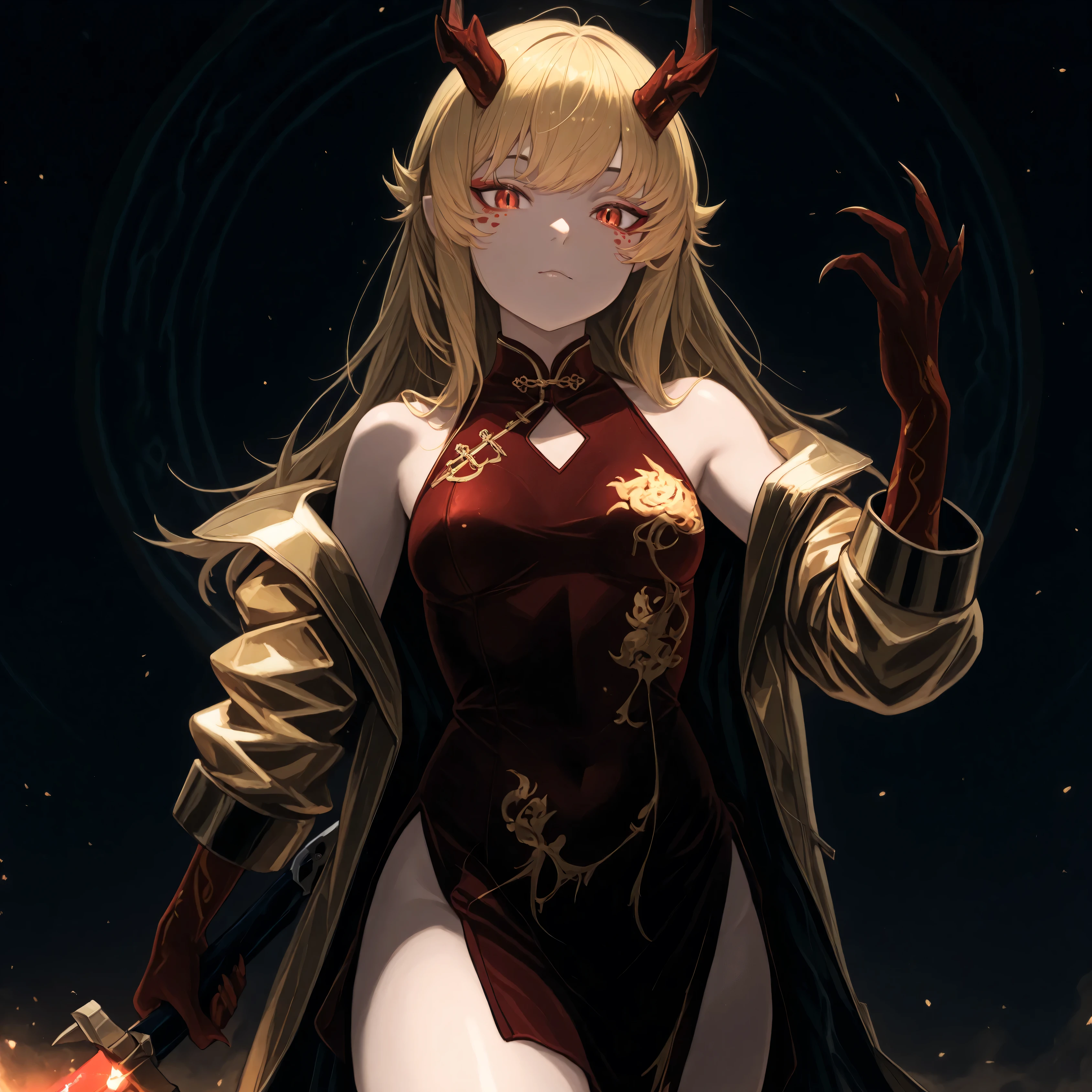 Solo, ung girl, facing the viewer, blonde hair, hairstyle of Daenarys Targaryen, face of Oshino Shinobu ager version, red eyes, long bangs, perfect anatomy, student, horns of Uzen Kyouka from Chained Soldier, eyes horns the same color as the eyes, fierce face, provocative face;
A gold coat like Dusk with "Arknights", sexy red Chinese dress (dress must be red), red arms with gold spots, hands with claws, red hands with gold spots;
facing the viewer, cara a cara, fundo preto, sexy pose, big ass, small breasts;
Holding a heavy sword (giant sword) Nian style a from "Arknights" (but a sword must be a sword Heavy sword, montante), golden details on the sword, desenho de giant sword, Blue blade;
attack position, exposed shoulders and head, near the face , looking at the character, looking at the viewer, cara a cara, confiante, cute expression;
Pay attention to the necessary colors, , maximum resolution ;
uma imagem +18, A sexy image;