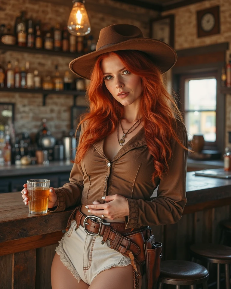 ultra realistic, photography, long straight red hair, (30 years old, hourglass figure, perfect body, natural medium breasts), shiny pink lips, Long eye lashes, Award Winning Glamour Photograph extremely detailed award winning glamour photograph, front lit, HDR, she wears a sherrifs outfit, she is intering the saloon in the wild west