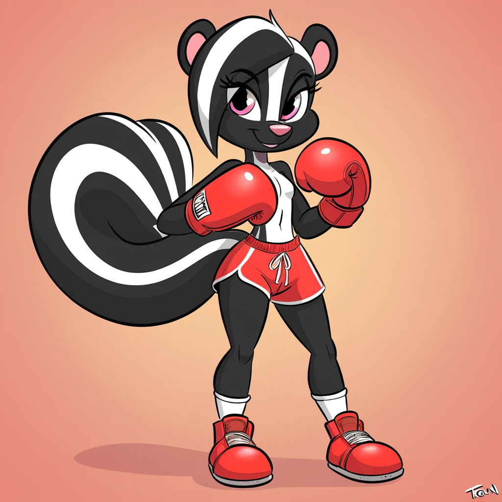 A Sexy black Anthro skunk wearing red shorts and has thick sexy thighs, standing on a Souless, lifeless, position and in a white background and hands on hips, and looking at a Yellow smiley ball on the floor, and in the STARTOONS animation aesthetic 