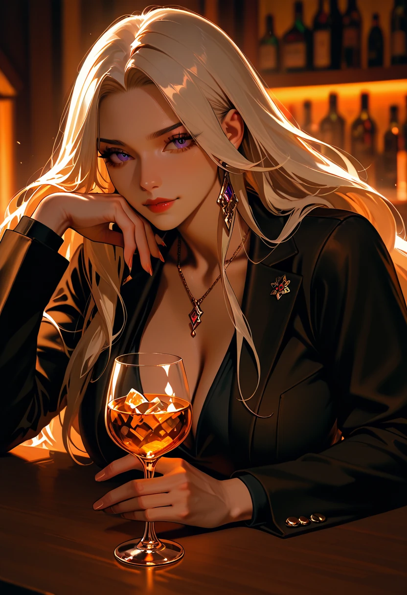 Award winning professional photograph of a very hot and beautiful young woman big breast sitting in a bar and bar table in her background, she has crossed arms and looks beautiful.