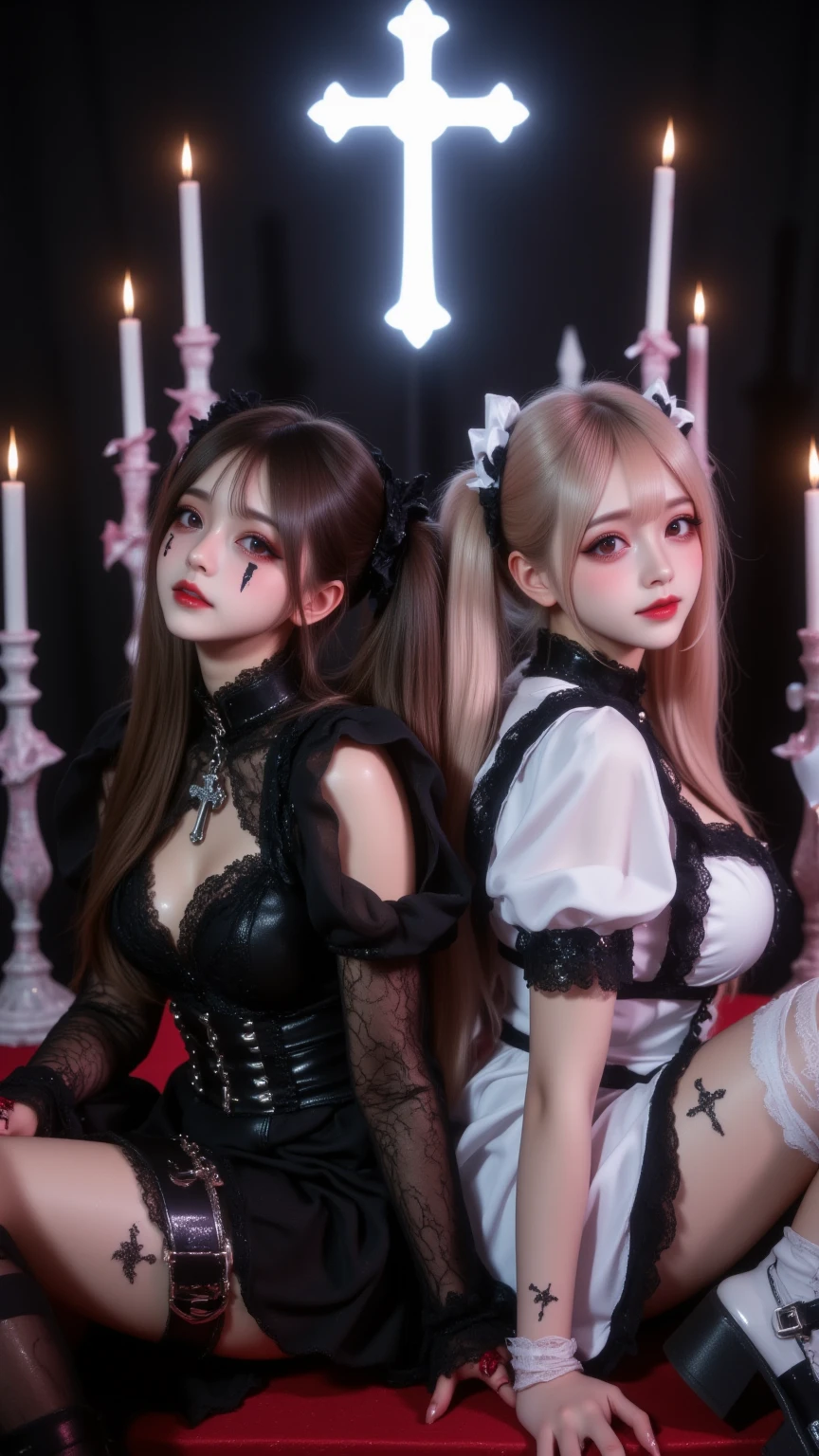 masterpiece, top-quality, top-quality, Beautifully Aesthetic:1.2, Two girls, Halloween night, Wearing a devil costume, high detailed, ((Red eyes:1.8)), large breasts, firm breast, nicely shaped breasts, slender figure,
((Gray hair)), wavy hair, (medium long hair:1.2),
in the Halloween party venue decorated for Halloween at late night, (Full body shot:1.1),
Standing in line with seductive pose that sticking out breasts,